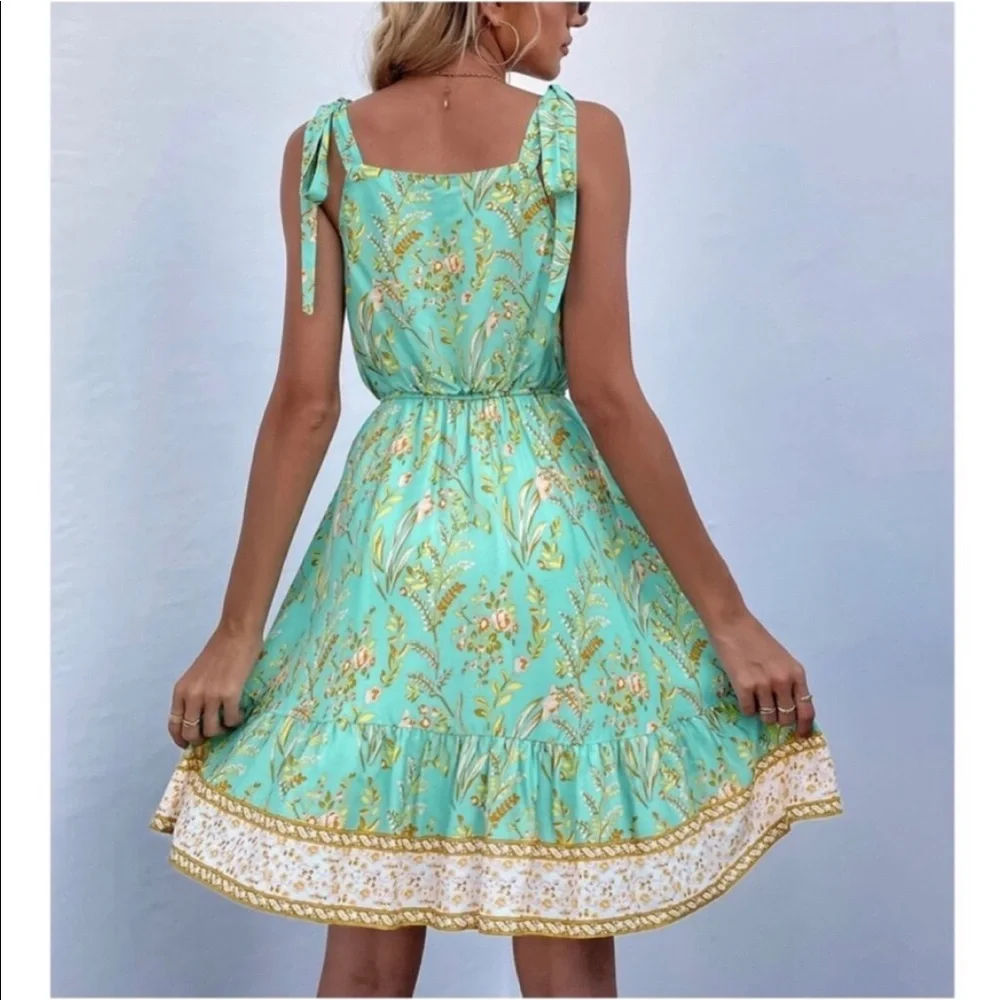 Boho Mint Floral Print Ruffle Dress - Picture 6 of 6